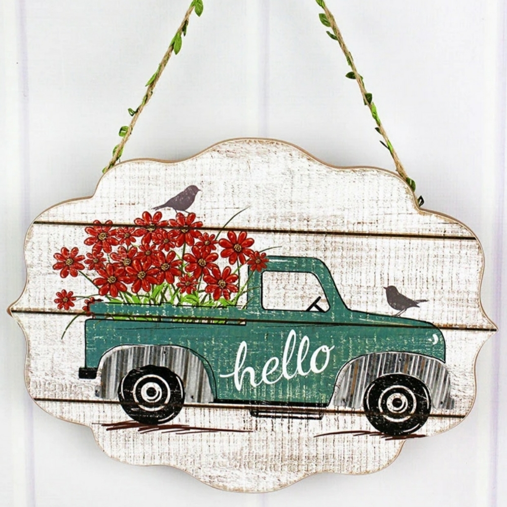 Rustic Teal Truck Wall Decor with Red Flowers